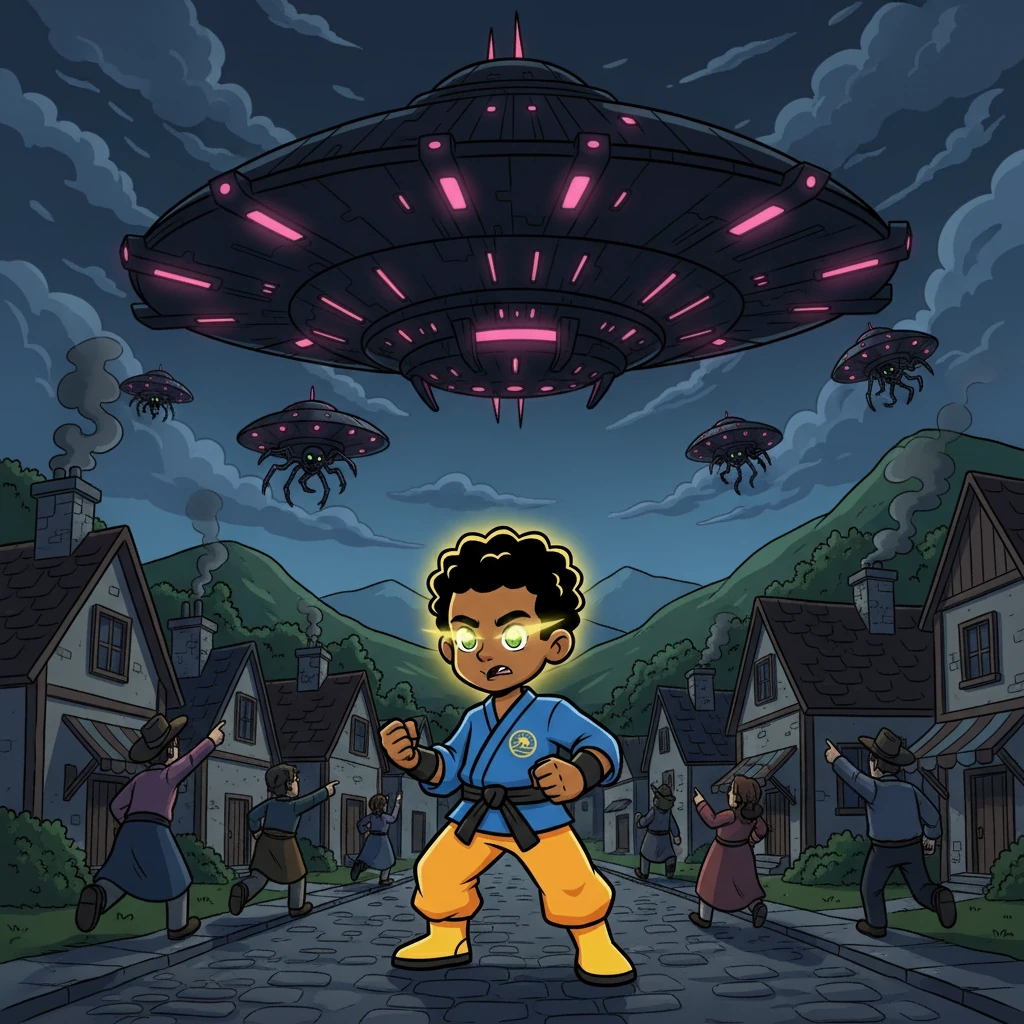 One fateful day, a menacing alien ship cast a shadow over the village. Aliens, with their sinister intentions, descended to conquer Earth. Kwame, witnessing the impending danger, felt a surge of energy he couldn't control.