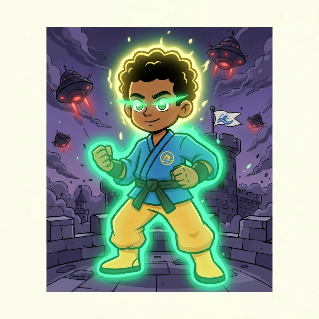 Kwame's body erupted in an emerald aura, his hair rising and turning golden. He became a beacon of power and light, ready to fight for his home. He knew he was the only one who could stop the invasion.