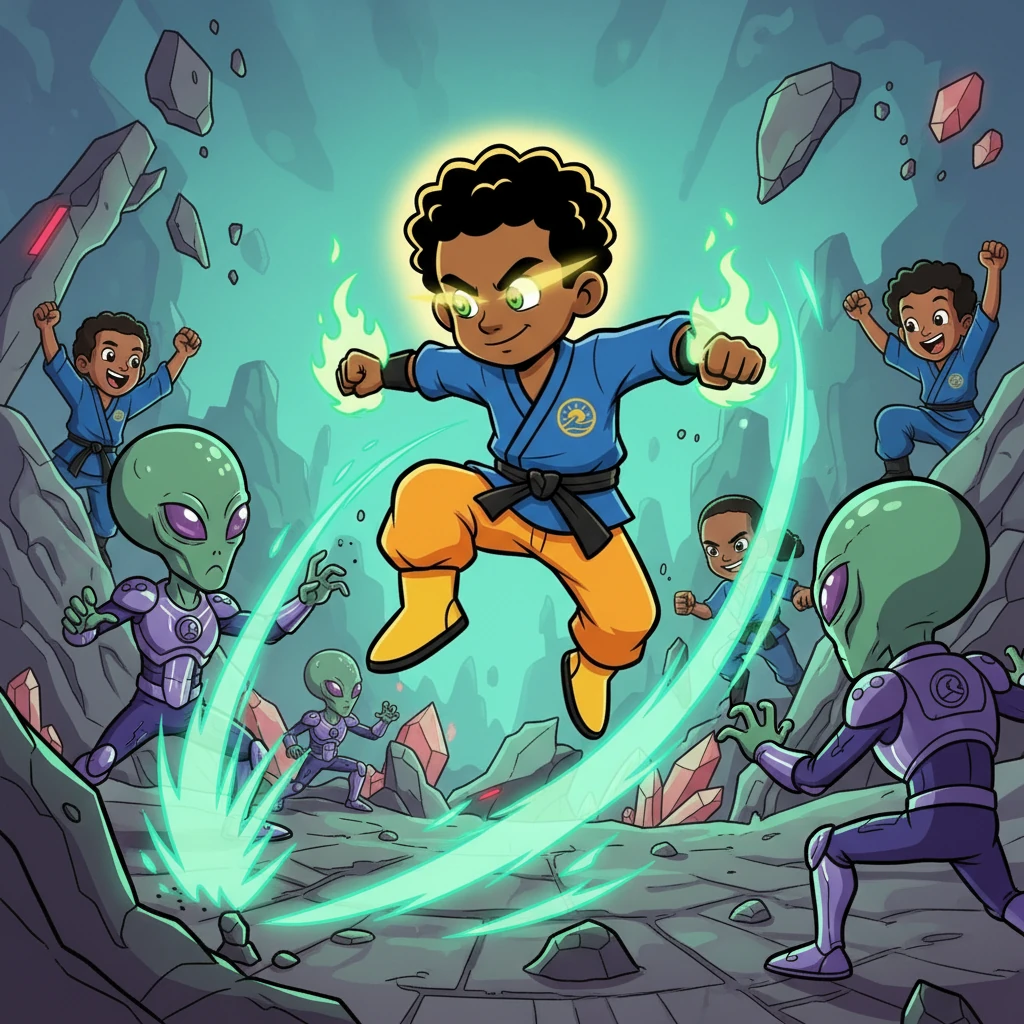 Kwame engaged the aliens, his speed and strength unmatched. He fought with courage and skill, the emerald fire of his power illuminating the battlefield. His determination inspired those around him.
