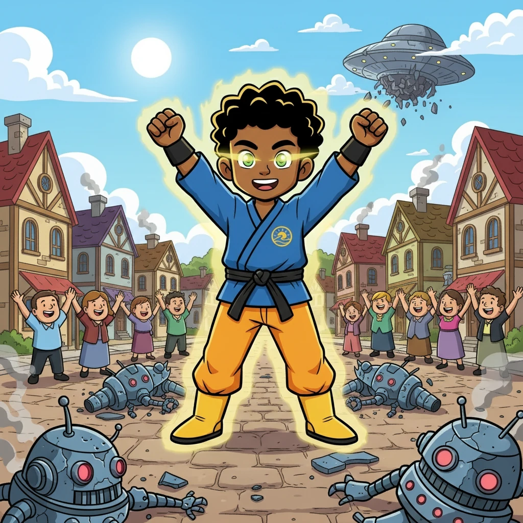 With a final, powerful blast of energy, Kwame vanquished the alien invaders. Peace returned to the village, and Kwame stood as a symbol of hope. He was no longer just a boy; he was a legendary hero, ready to protect Earth from any threat.