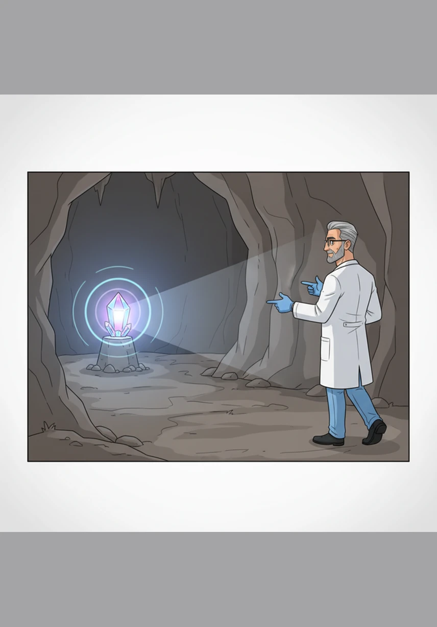 Dr. Ray demonstrates the importance of distance by walking far away from a glowing crystal. He explains that every step back makes the radiation much weaker, acting like a natural shield that keeps us out of harm's way.