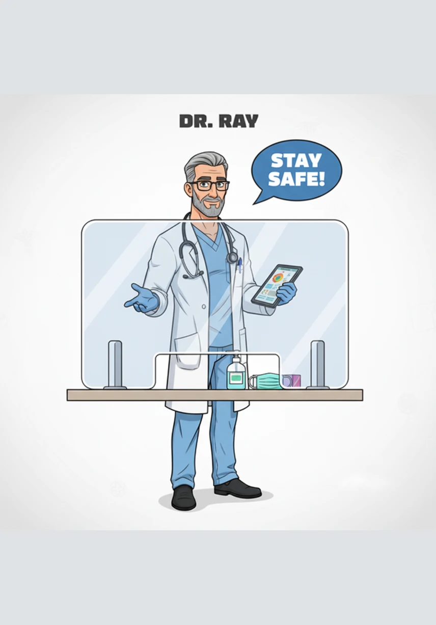 Dr. Ray stands behind a thick wall made of lead and heavy concrete to show the power of shielding. These dense materials act like a sturdy umbrella, blocking invisible rays and keeping the person on the other side safe and sound.
