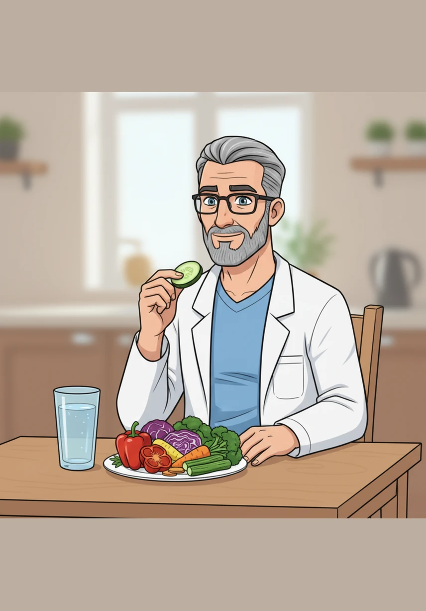 Dr. Ray sits at a table with a tall glass of clean water and a plate of fresh, colorful vegetables. Staying hydrated and eating nutritious food provides the body with the energy it needs to repair cells and stay resilient.