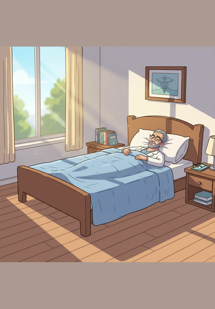 Dr. Ray rests in a quiet, comfortable bed inside a clean and dust-free room. He emphasizes that plenty of sleep and a stress-free environment allow the body to focus all its strength on healing and recovery.