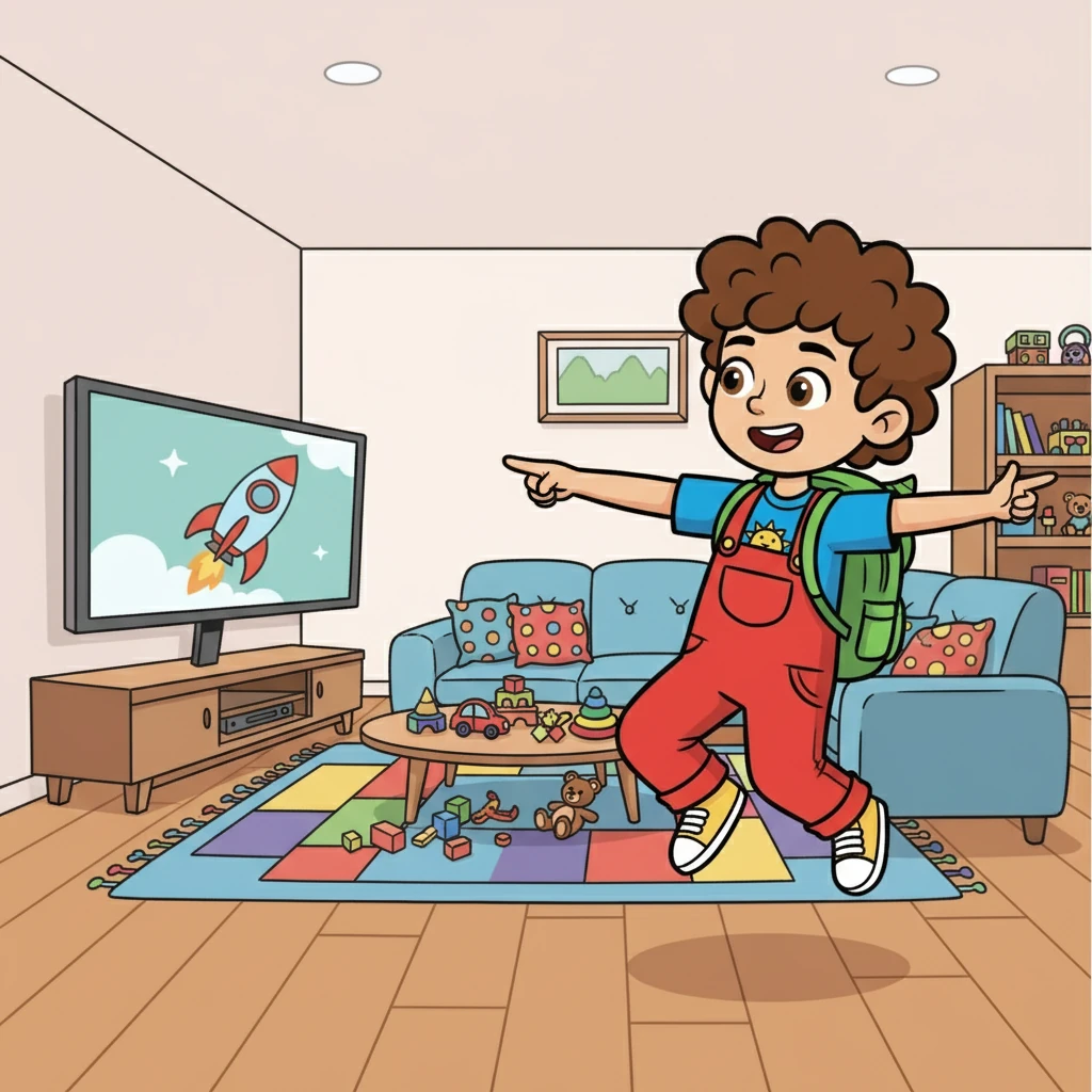 First stop: the living room! Leo pointed to a cozy space with a comfy sofa, a big TV, and lots of toys. "This is where we watch movies and play games!" he exclaimed, bouncing with excitement.