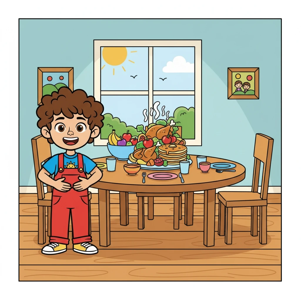 Next, Leo led the way to the dining room, where a large table sat ready for meals. "Here, we eat yummy food with my family!" he said, patting his tummy. A delicious-looking meal was set out.