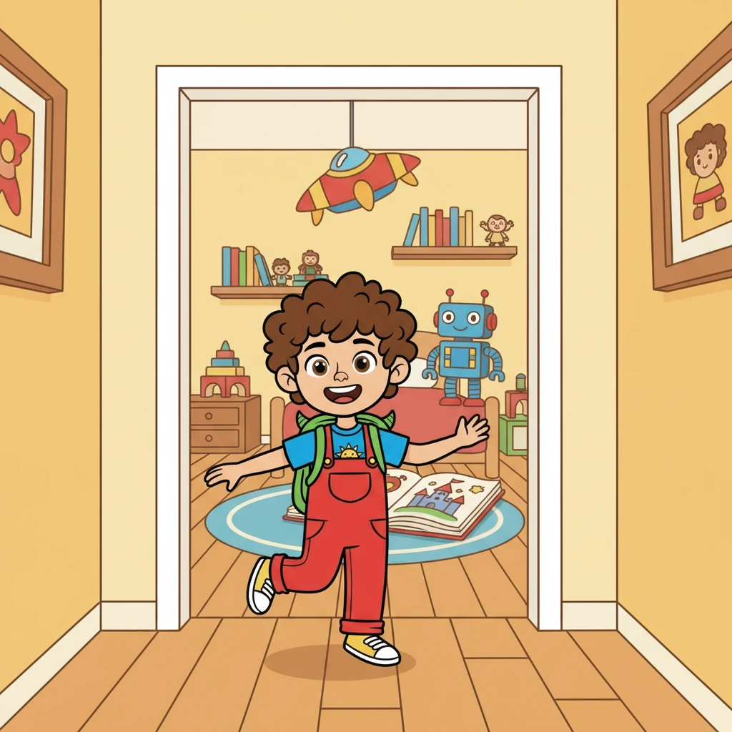 Leo skipped down the hallway, eager to show off his bedroom. His room was filled with his favorite toys and books. "This is my special place, where I sleep and play!" Leo said happily.