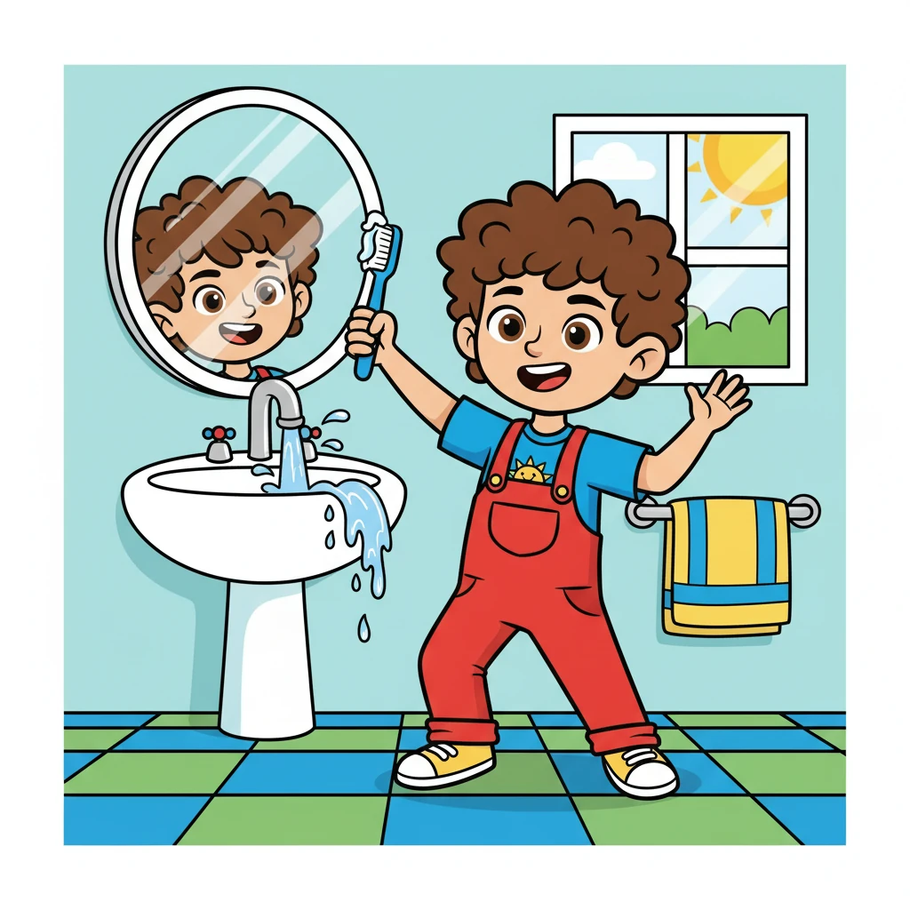 The bathroom was next on the tour! Leo demonstrated how he brushed his teeth at the sink. "We keep ourselves clean in here!" he announced, holding up his toothbrush.