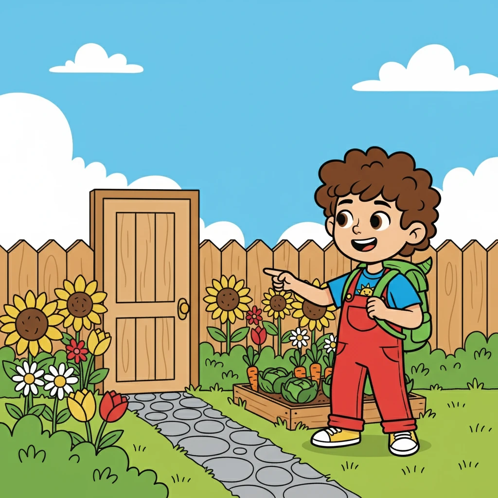 Leo led the tour to the back door, where a little garden was visible. He pointed at some flowers and a little vegetable patch. "And this is where we relax and play outside!"