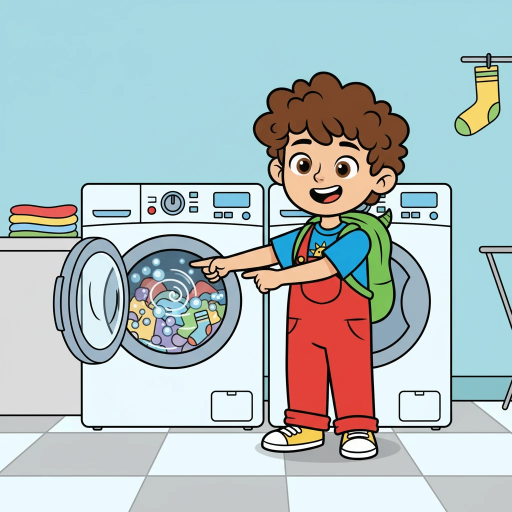 Leo's tour continued to the laundry room, where the washing machine and dryer were located. "This is where my mom washes our clothes!" he explained.