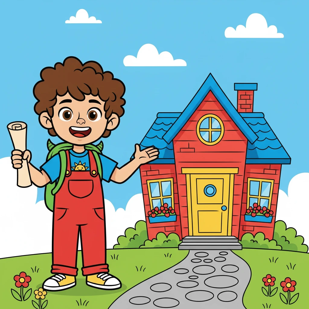 Finally, Leo stood proudly at the front door again, map in hand. "That's my house!" he said, beaming. "I hope you enjoyed the tour!"