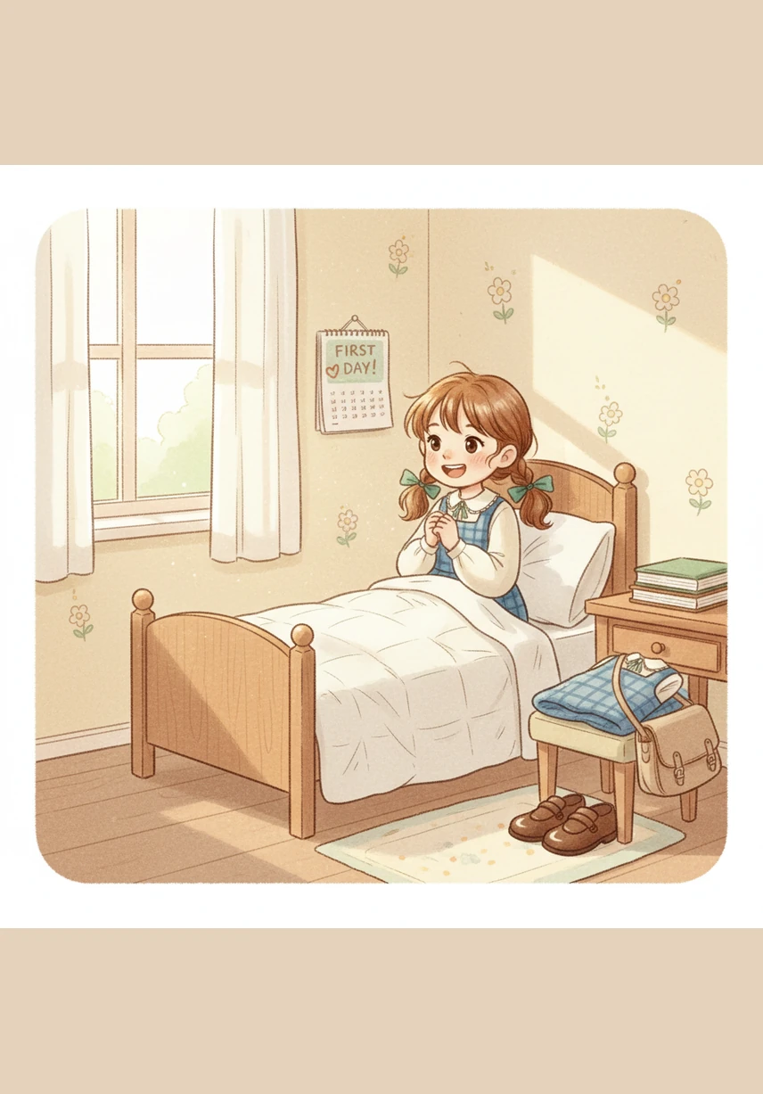 The morning sun peeked through the curtains, waking Lily up with a gentle glow. Today was the day she had been waiting for—her very first day of school. She hugged her teddy bear tight, feeling a mix of fluttery butterflies and big smiles.