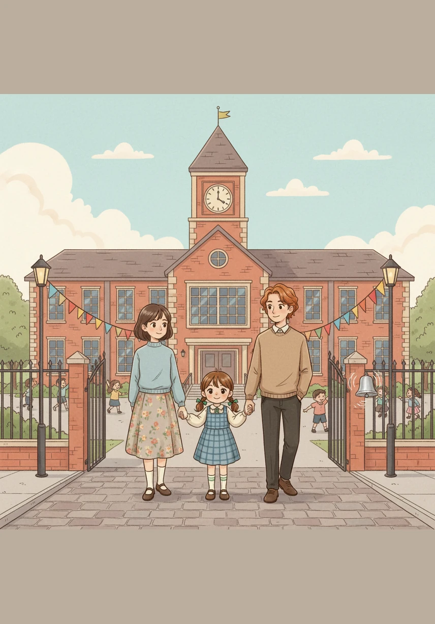 Hand in hand with her parents, Lily walked down the sidewalk toward the big brick building with the tall clock tower. The schoolyard was filled with the sounds of laughter and the ringing of a bright silver bell. It looked much bigger than she expected, but the colorful banners made it feel welcoming.