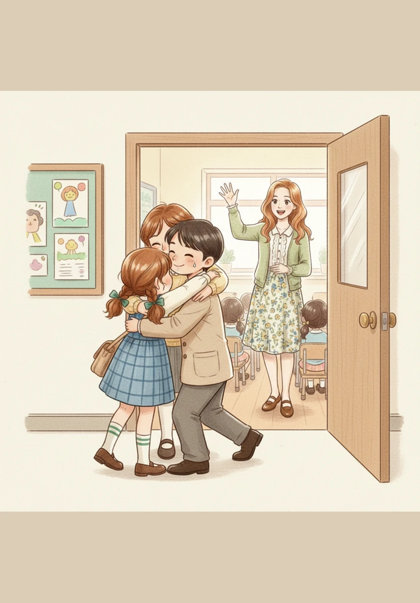 At the classroom door, Lily gave her mom and dad one last giant squeeze. She felt a tiny tear start to form, but then she saw her teacher, Ms. Honey, waving with a warm smile. With a deep breath, Lily stepped inside, ready to start her new chapter.