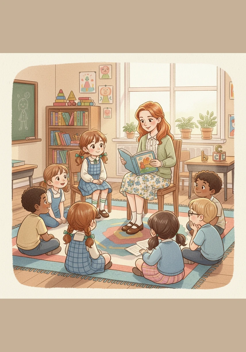 The classroom was a wonderland of books, blocks, and bright posters on every wall. Lily found her name written in sparkly letters on a little wooden cubby. She carefully hung up her red backpack, feeling proud to have a spot that was all her own.