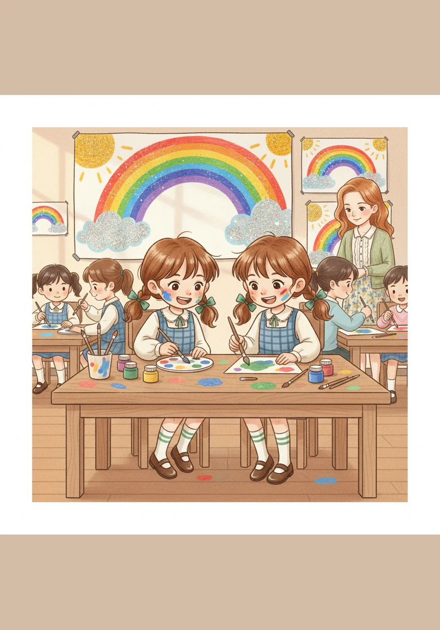 During art time, the children painted giant rainbows and sparkly suns. Lily and Maya worked together, mixing blue and yellow to create a perfect shade of meadow green. The sound of giggles filled the room as they discovered the joy of creating something new together.