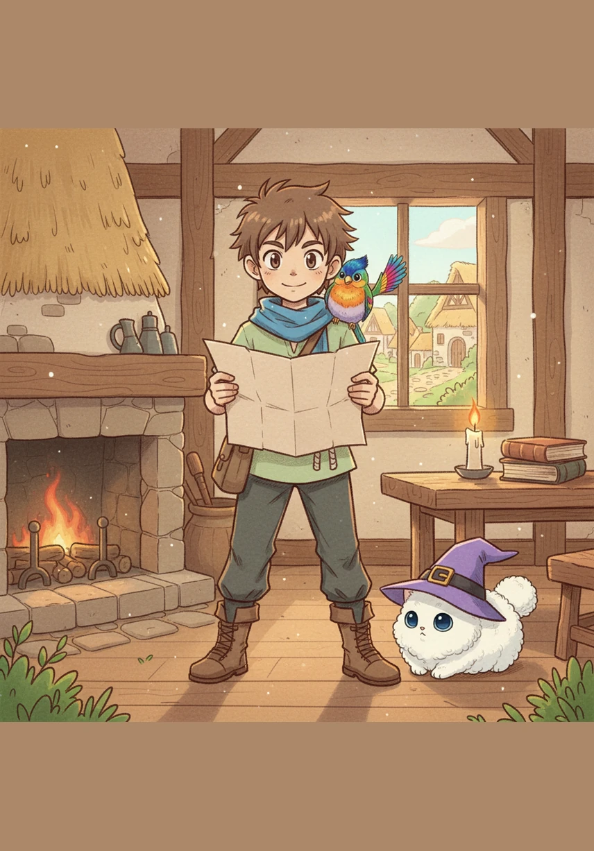 Leo is a young boy with a blue scarf. He lives in a small, quiet village. He wants to find the legendary Golden Key to help his friends.