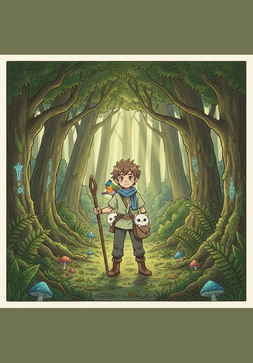 Leo walks into the deep Green Forest. The trees are very tall and the grass is bright green. He looks for a secret sign on the trees.