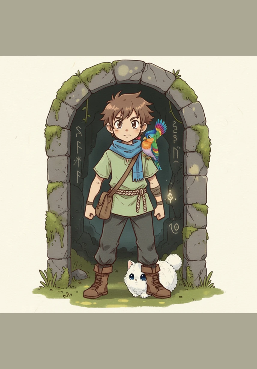 A small, colorful bird flies down to Leo. The bird chirps and points toward the high mountains. Leo follows the bird's path.