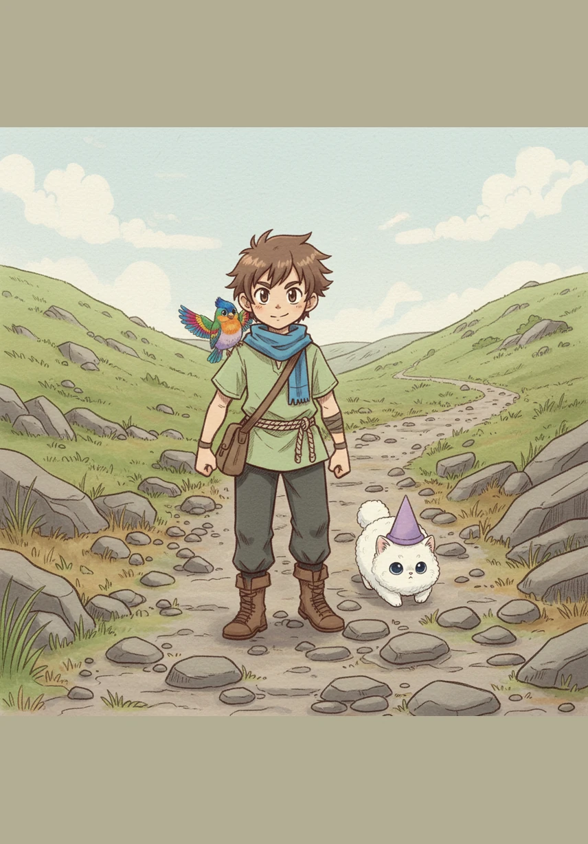 The path is long and rocky. Leo wears his brown boots and carries a small bag. He stays strong and keeps walking.
