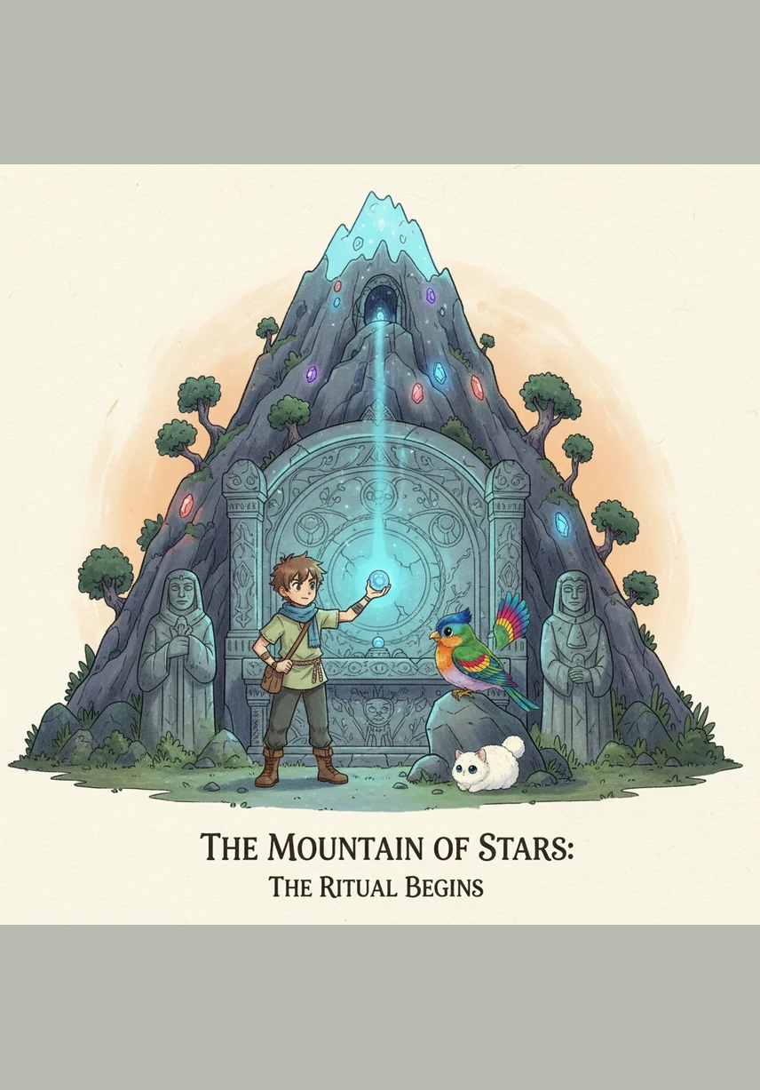 Leo reaches the base of the Mountain of Stars. He meets a fluffy white cat with a purple hat. The cat gives Leo a special map.