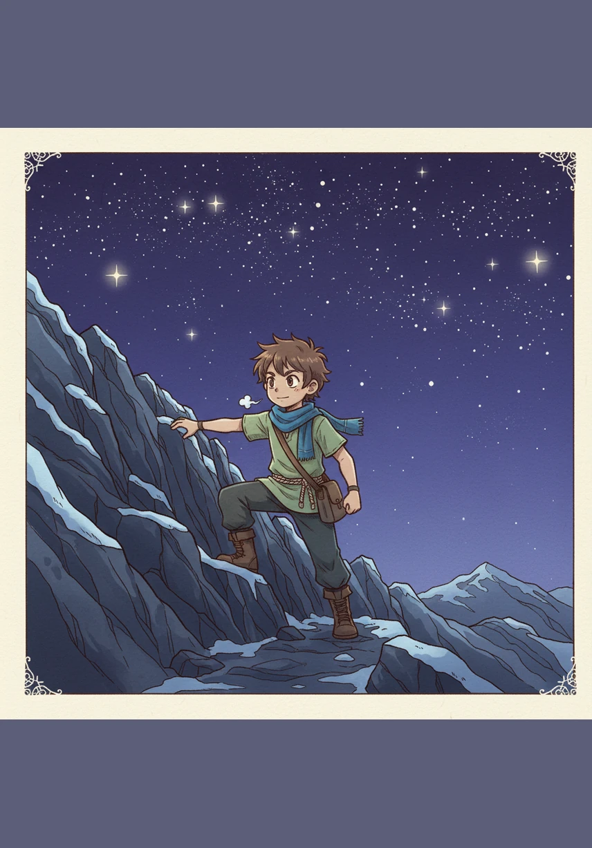Leo climbs up the cold mountain. The air is fresh and the stars shine in the sky. He feels very excited about his quest.