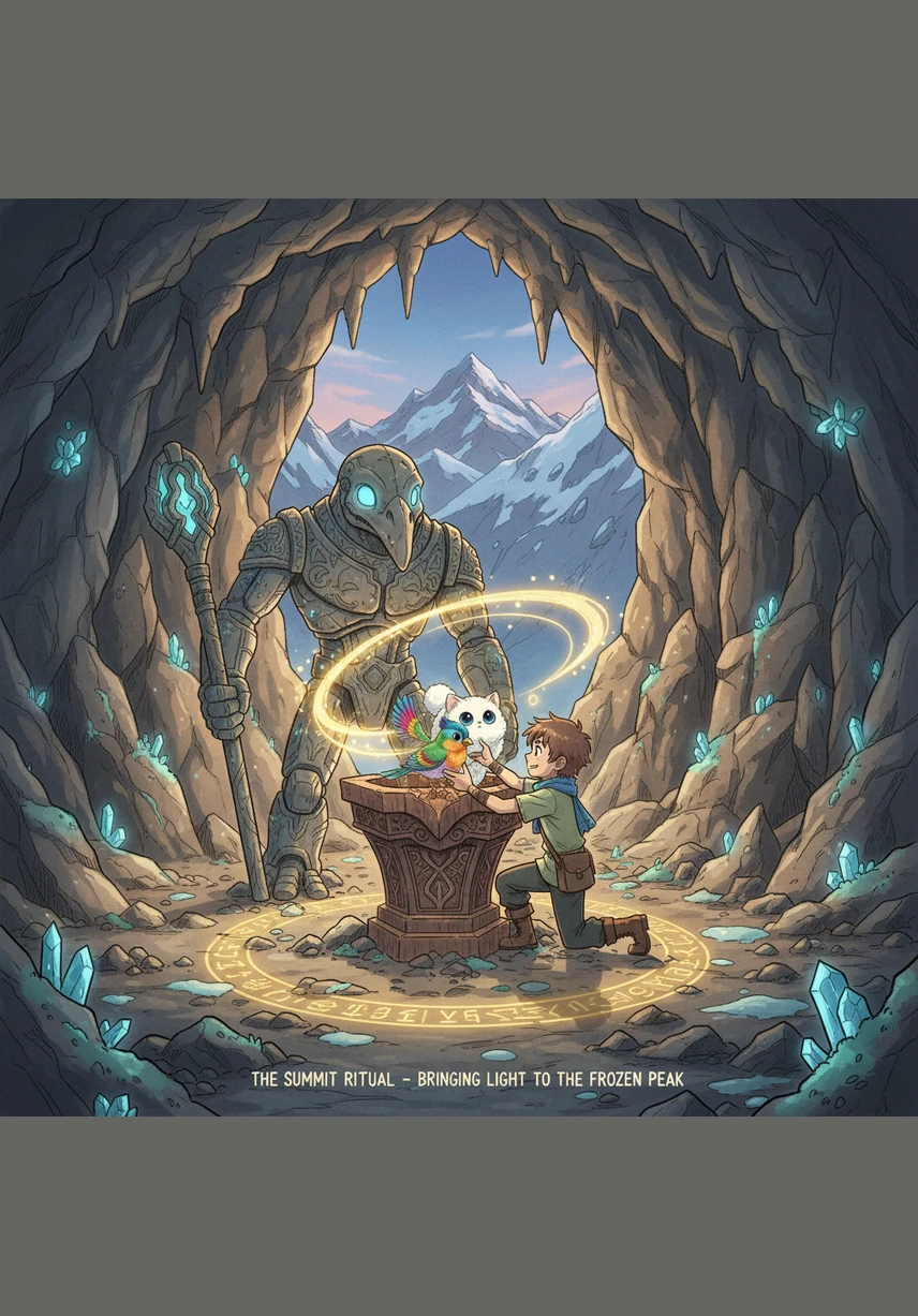 He finds a large cave at the top of the mountain. Inside the cave, there is a glowing silver door. Leo looks for a way to open it.