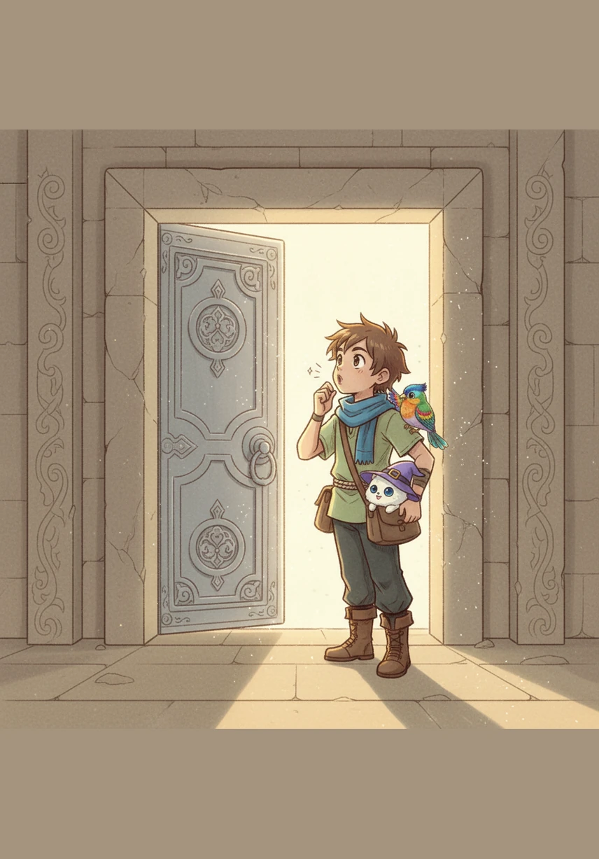 Leo remembers the bird's song. He whistles a happy tune, and the silver door opens. The room inside is full of light.