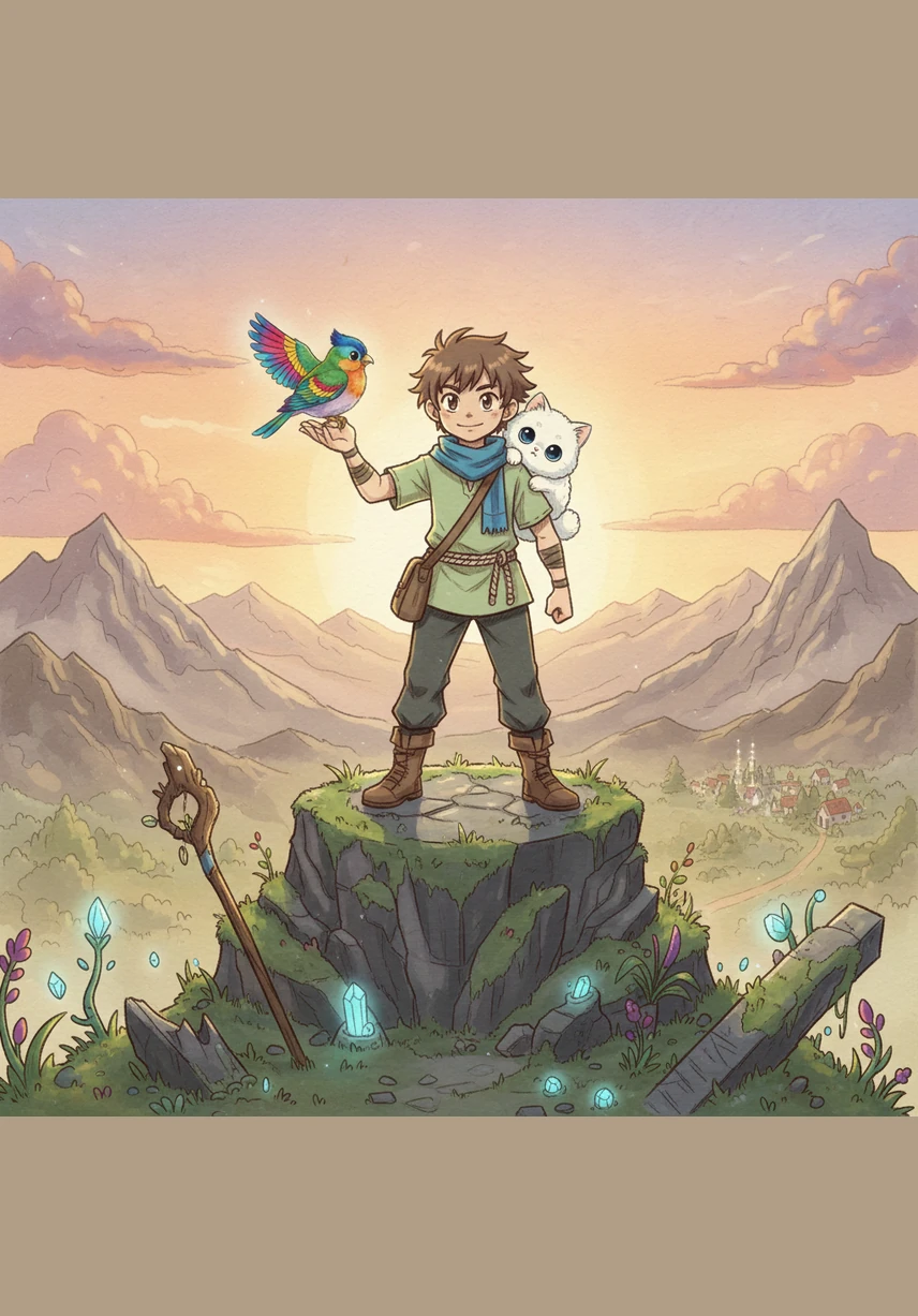 Leo walks back to his village with the Golden Key. His friends cheer and celebrate his success. Leo is a brave hero.