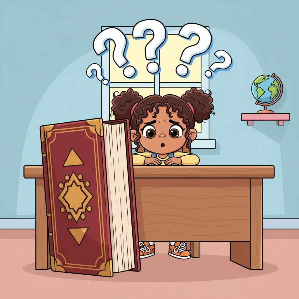 Maryam sat at her desk, a giant Arabic grammar book looming before her like a mountain. Her brow was furrowed, and little question marks floated above her head as she tried to make sense of the complex rules.