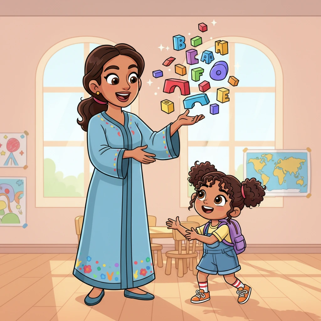 Ms. Layla explained that Arabic words are like colorful building blocks, each with a special job in a sentence. She held up vibrant, exaggerated word blocks that seemed to dance in the air.