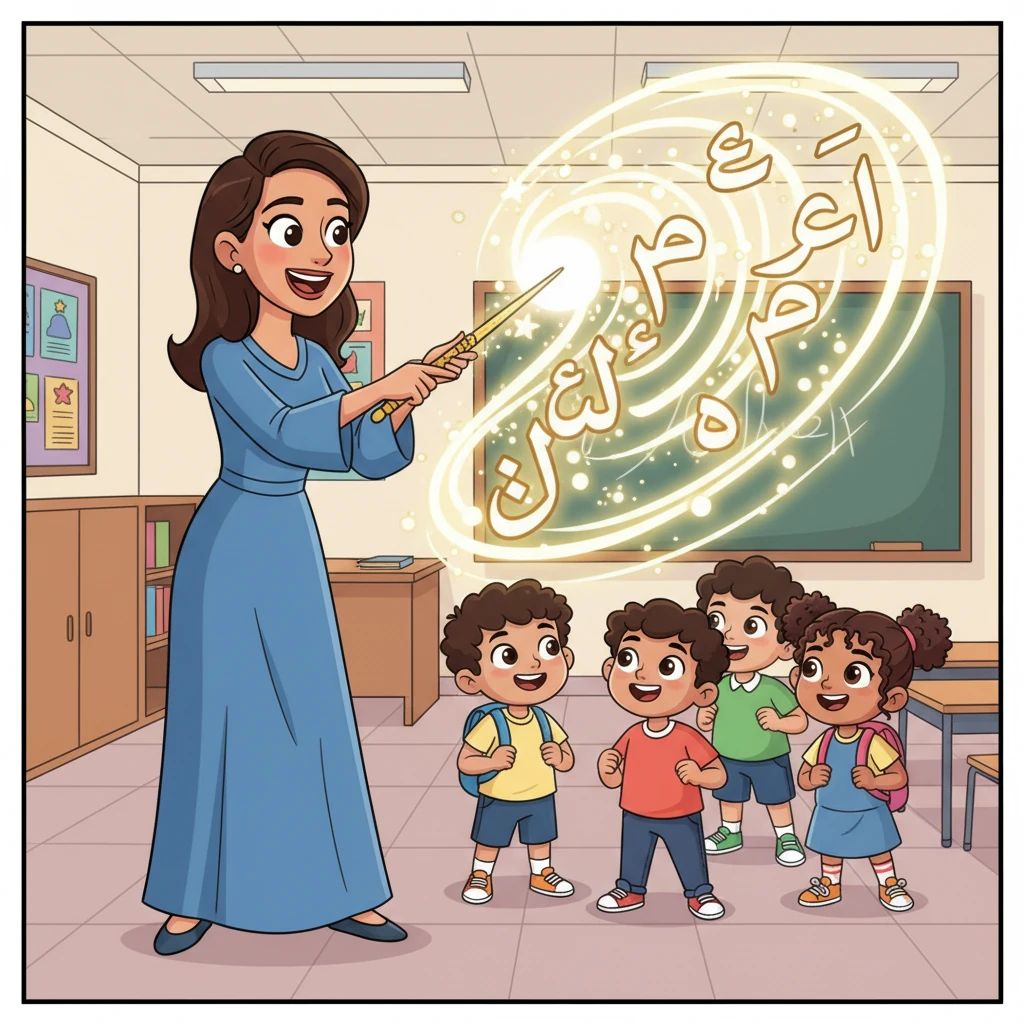 Ms. Layla then introduced the magic of I'raab, the changing word endings, using a whimsical, glowing wand. With a flick, the word endings transformed, showing how they elegantly shifted based on their role.