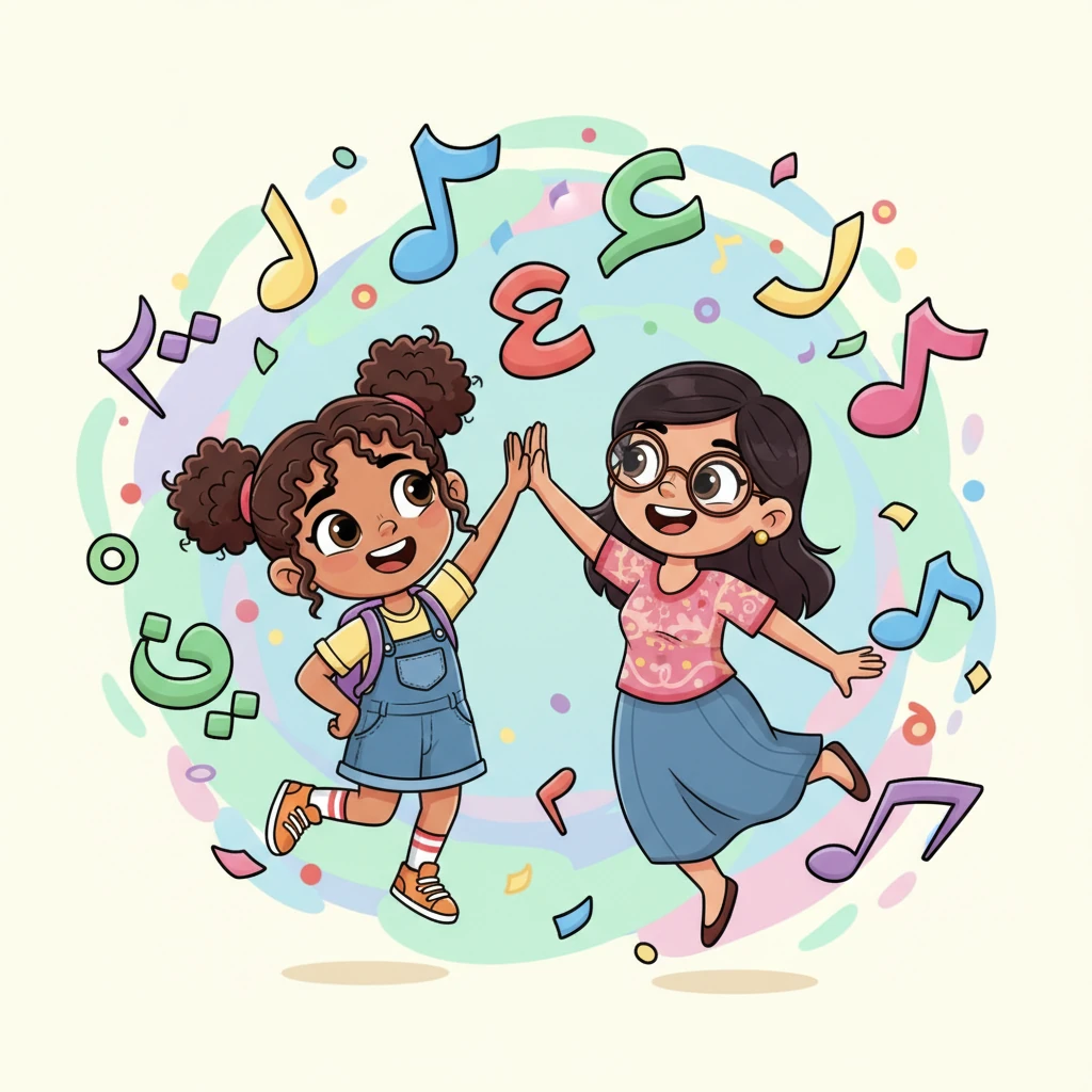 Finally, Maryam and Ms. Layla celebrated with a high-five, surrounded by a chorus of happy, dancing Arabic words. Learning Arabic grammar had become an exciting, colorful adventure!