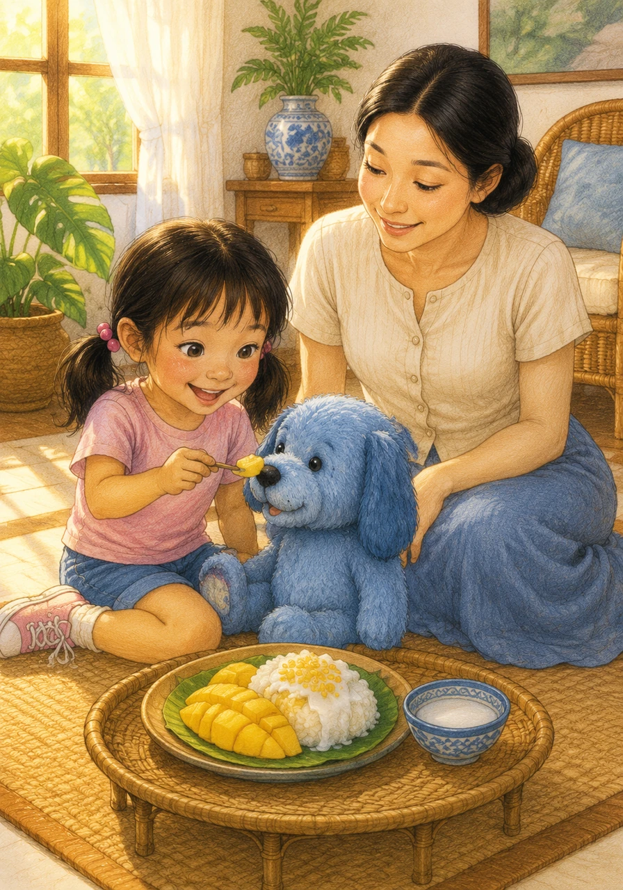Their days were filled with laughter in their bright, sunlit Thai home. Mali loved sharing her favorite treats like sweet mango sticky rice with Blueberry, pretending he was taking giant bites. Whenever she felt tired or sad, one hug from her soft companion made everything better.