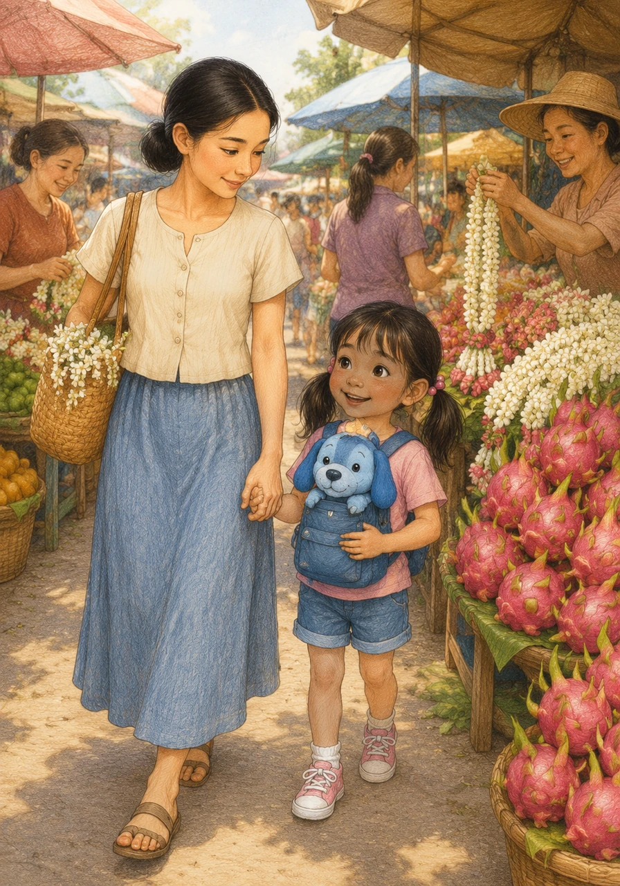 One afternoon, Mali and her mother decided to visit the bustling local market. Blueberry rode proudly in Mali's backpack, his little head peeking out to see the vibrant piles of dragon fruit and fragrant jasmine garlands. The air was filled with the cheerful hum of vendors and shoppers.