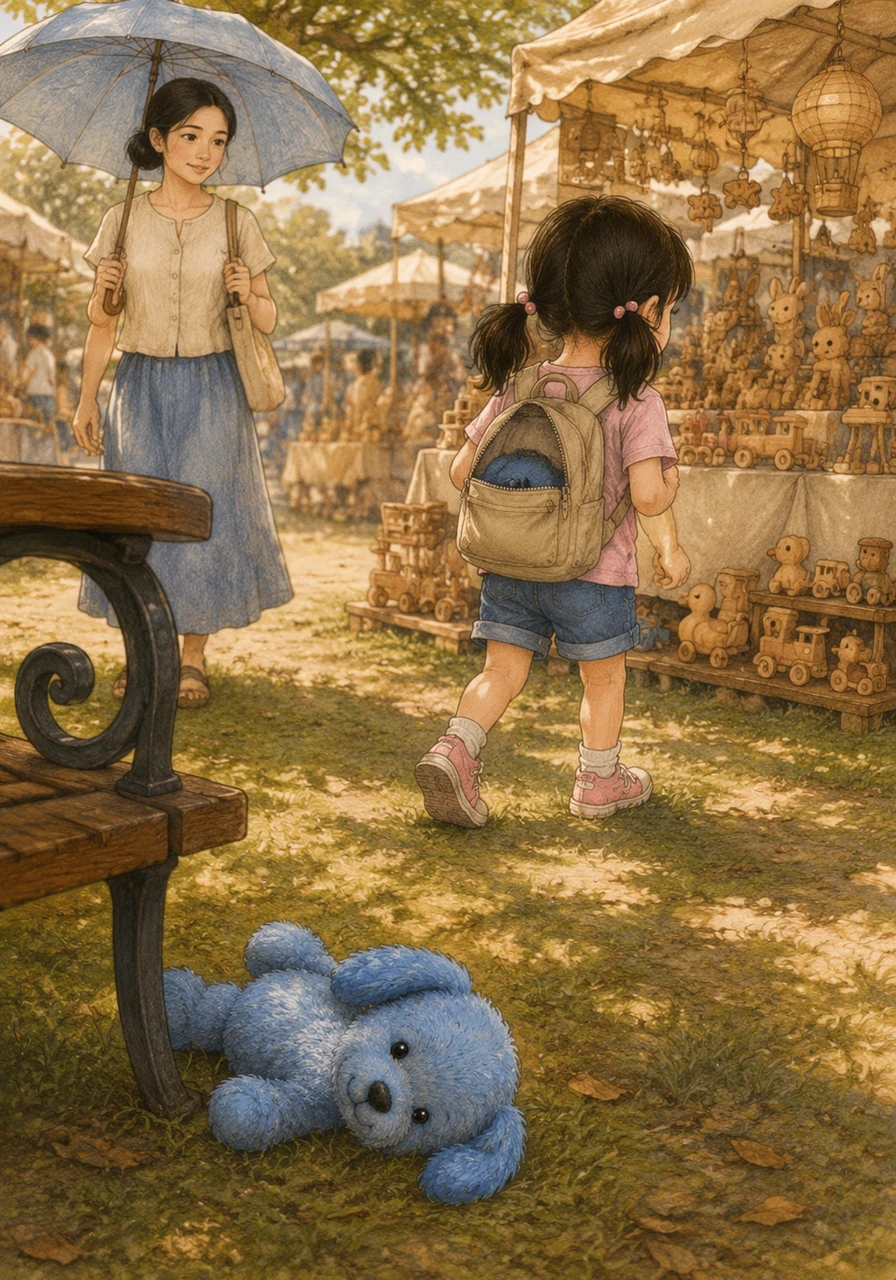 Mali got distracted by a beautiful display of handmade wooden toys and stepped away to look closer. In her excitement, the zipper of her backpack slipped open, and Blueberry tumbled silently onto the soft grass near a bench. Mali walked away, unaware that her treasured friend had been left behind.