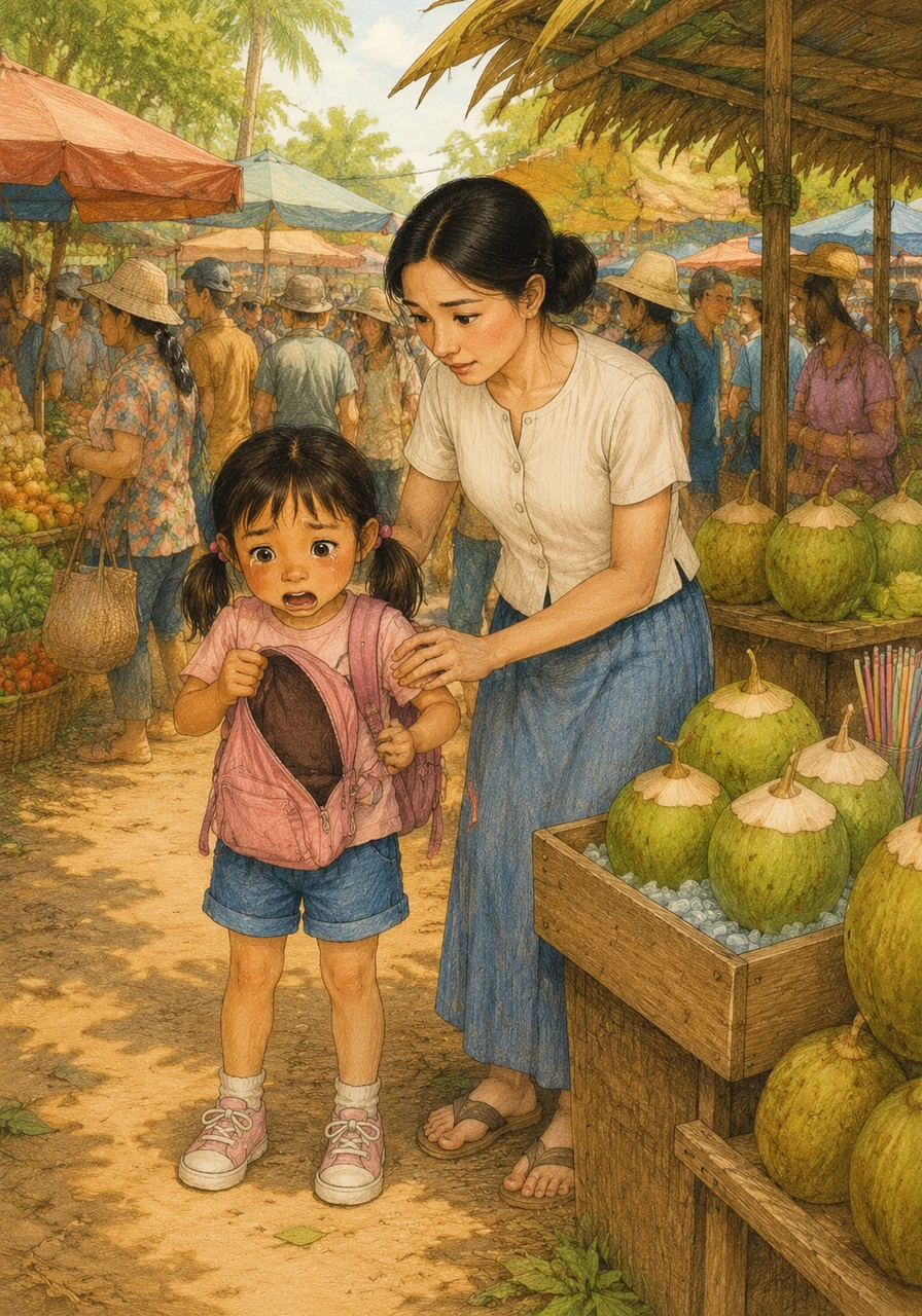 It wasn't until they reached the coconut water stall that Mali realized her backpack felt strangely light. She gasped in horror, finding only empty space where her beloved stuffed dog should have been. Tears filled her eyes as she and her mother quickly retraced their steps through the crowded market.