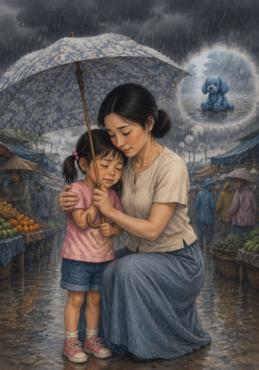 Dark clouds suddenly rolled across the sky, and a warm tropical rain began to pour down on the market. Mali wept, imagining poor Blueberry getting soaked and lonely in the storm. Her mother held her close under a large umbrella, promising they would find him no matter what.