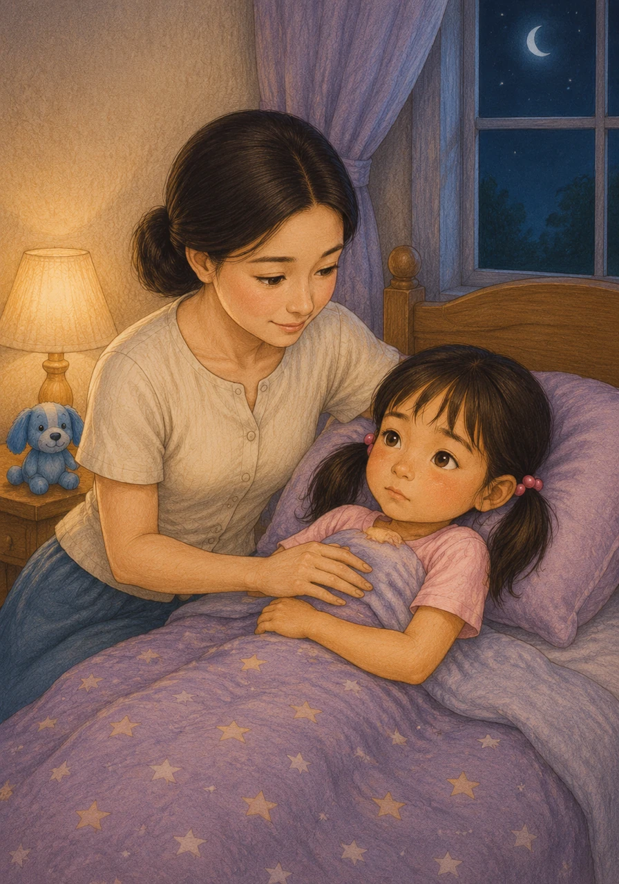 That night, bedtime felt completely different without Blueberry tucked under Mali's arm. The house was quiet, and she missed the familiar comfort of his soft fur against her cheek. Her mother sat by her bedside, whispering comforting words and assuring her that tomorrow would bring a fresh start.