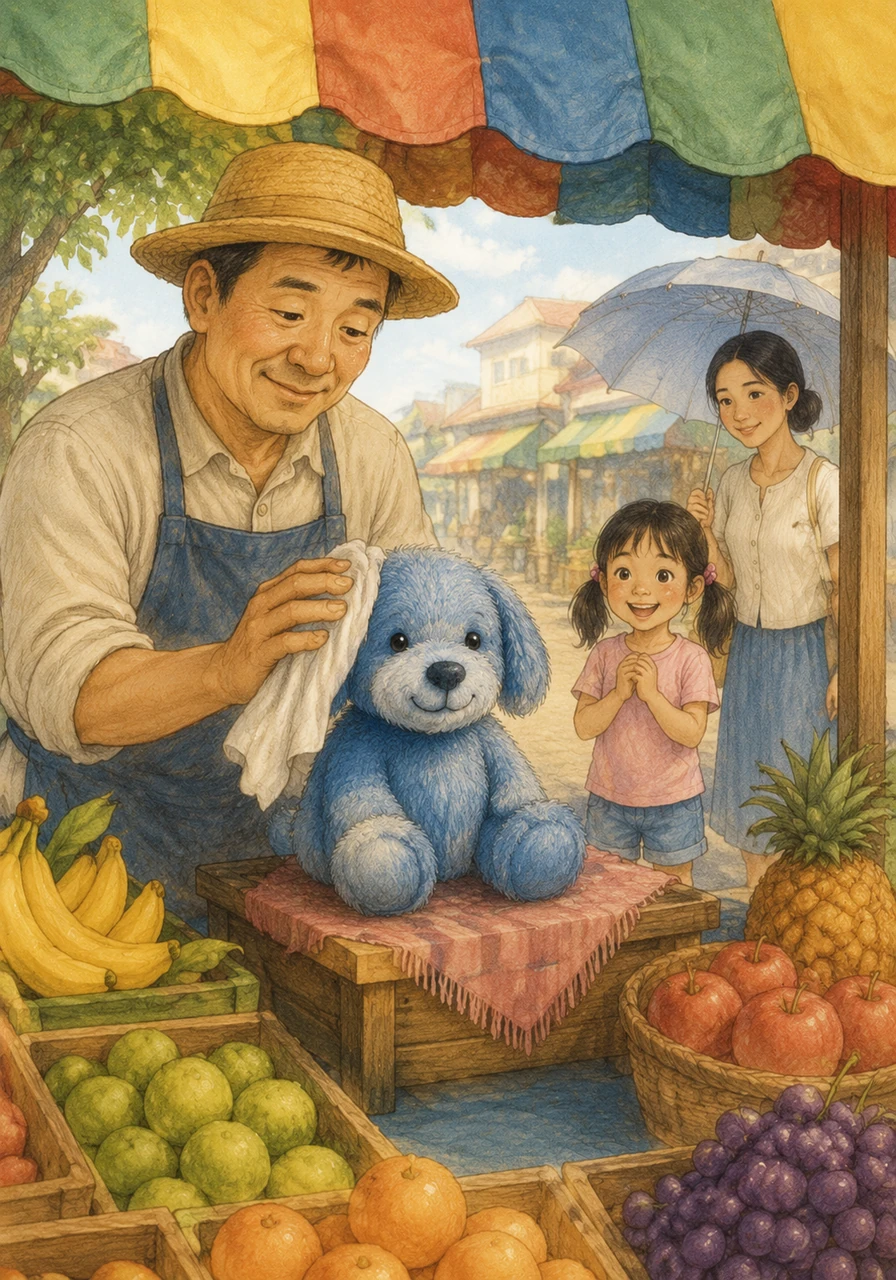 The next morning, a kind fruit vendor named Sunan noticed a splash of blue fabric tucked safely under his colorful stall awning. He picked up the damp, slightly muddy stuffed dog and wiped him clean with a soft cloth. Recognizing the toy from the day before, he placed Blueberry in a prominent spot, hoping his owner would return.