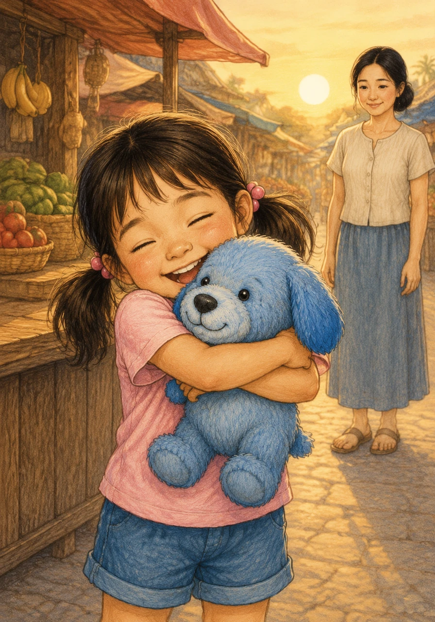 Mali and her mother returned to the market just as the sun began to rise. Suddenly, Mali spotted a familiar pair of floppy blue ears sitting proudly on Sunan's counter. She let out a joyful squeal and ran forward, scooping Blueberry into a giant, tight hug.