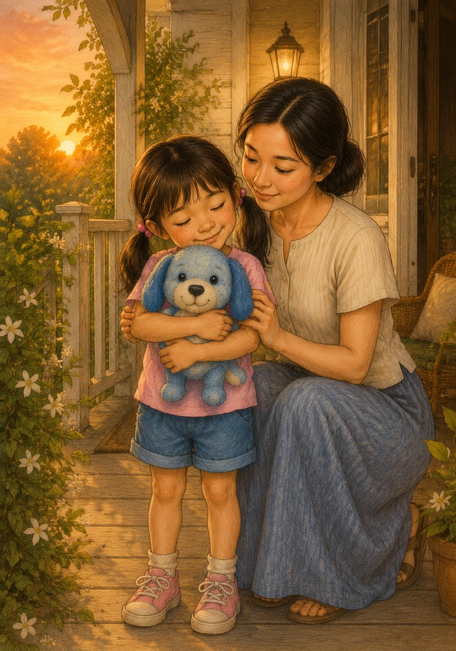 Blueberry was finally home, smelling faintly of rain and sweet jasmine flowers. As the golden evening sun set over their porch, Mali held her best friend closer than ever before. She knew that no matter where their adventures took them, their bond could never be broken.