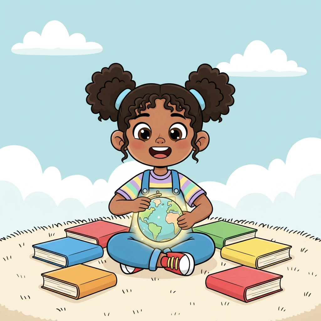 Maya, a bright-eyed child with a big smile, sits cross-legged on a fluffy rug, surrounded by colorful books. Her imagination is as boundless as the sky. She gently spins a glowing, magical globe, its continents shimmering with inviting light. Today, she's ready for an incredible adventure to meet new animal friends.
