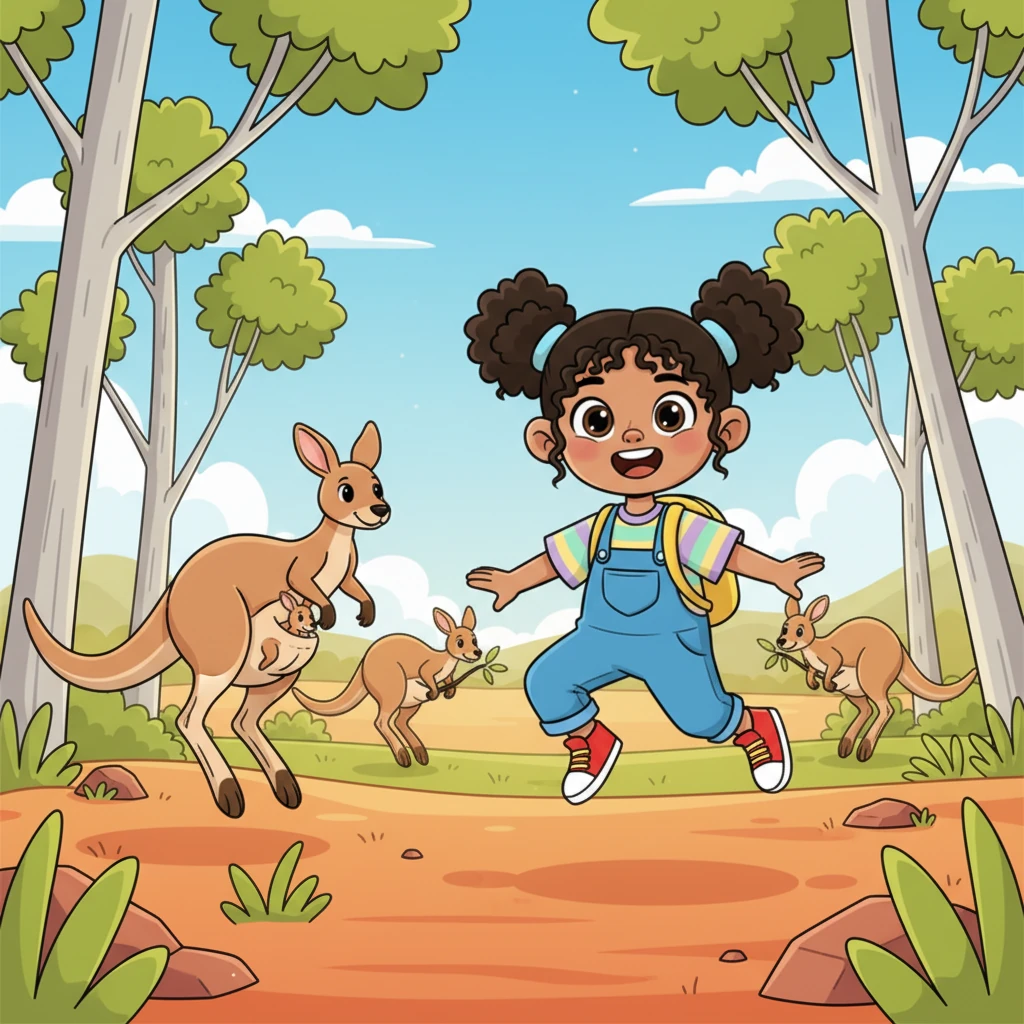 Zoom! Maya lands in the sunny outback of Australia, where red dust meets bright green eucalyptus trees. A friendly kangaroo, with strong bouncy legs and a sweet joey peeking from her pouch, hops by. Kangaroos munch on grass and leaves, and did you know they can jump super high, almost like flying?