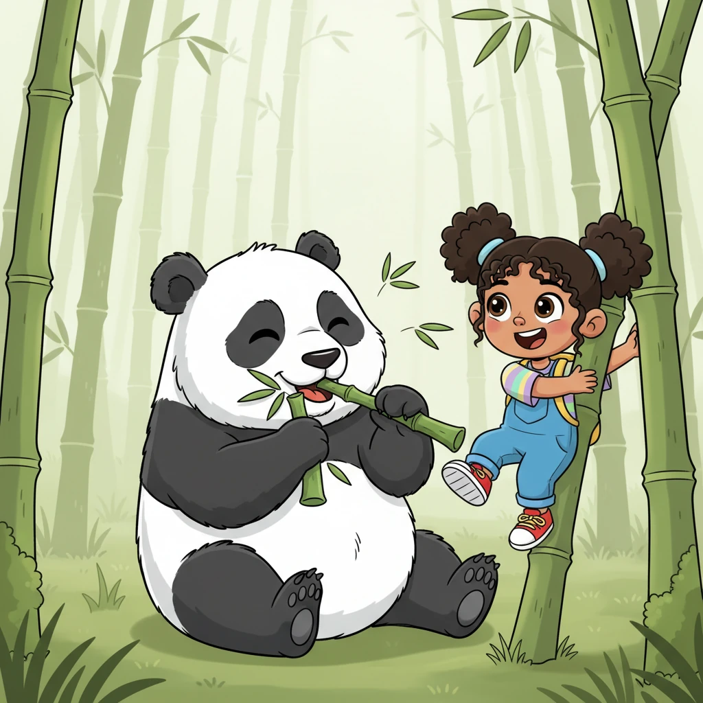 Next, Maya finds herself in the misty bamboo forests of China. A fluffy giant panda, with its iconic black and white fur, is happily munching on a giant stalk of bamboo. Pandas eat almost nothing but bamboo all day long! They are incredibly peaceful and love to spend their time climbing trees.