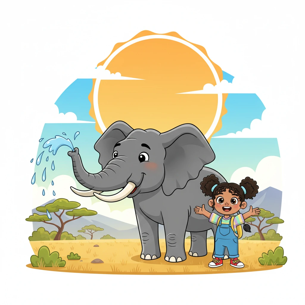 Whoosh! Maya arrives in the vast, golden savannas of Africa, under a huge, bright sun. A majestic African elephant, with enormous floppy ears and a long trunk, sprays water playfully. Elephants are herbivores, eating grass, leaves, and fruit, and they are the largest land animals on Earth!