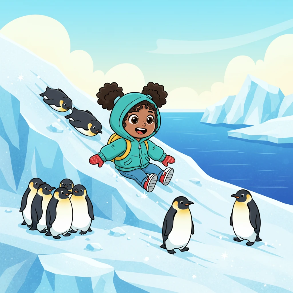 Brrr! Maya is now in chilly Antarctica, surrounded by glistening ice and sparkling blue water. A group of waddling emperor penguins, dressed in their natural tuxedos, slide on their bellies across the snow. These amazing birds eat fish and krill, and they huddle together to stay warm in the freezing cold.