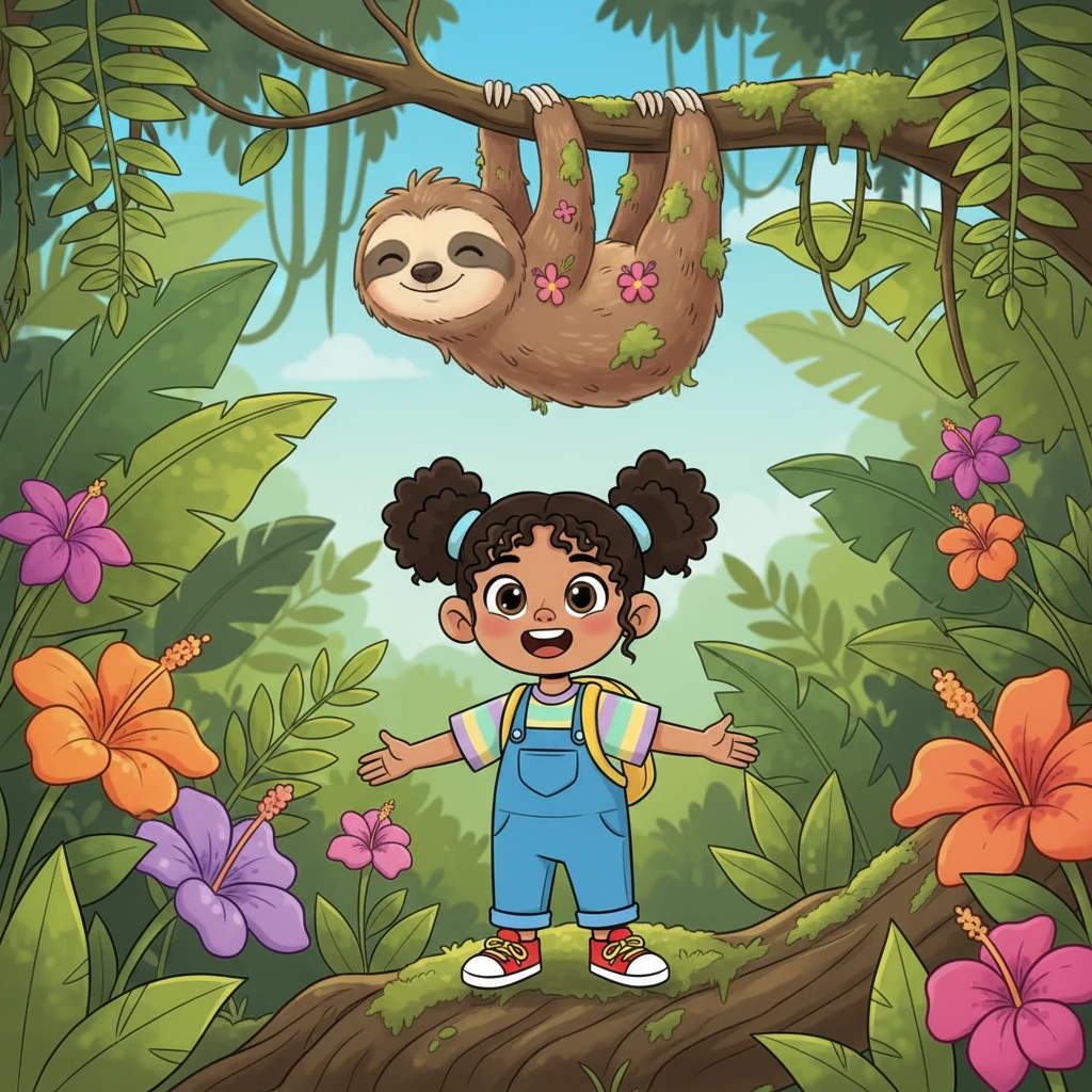 Swish! Maya explores the lush, green rainforests of South America, where exotic flowers bloom. Hanging upside down from a tree branch is a super-slow sloth, with a gentle smile. Sloths love to eat leaves and fruit, and they move so slowly that tiny plants can even grow on their fur!