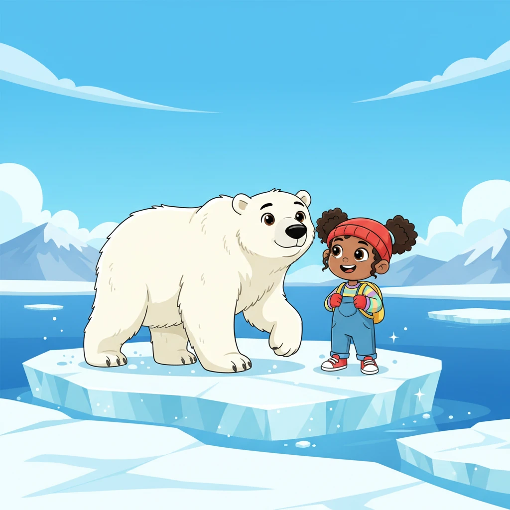 Cold again! Maya is transported to the vast, snowy plains of the Arctic. A magnificent polar bear, with thick white fur, carefully walks across the ice. Polar bears are expert hunters of seals and fish, and their enormous paws act like snowshoes, helping them walk without sinking.