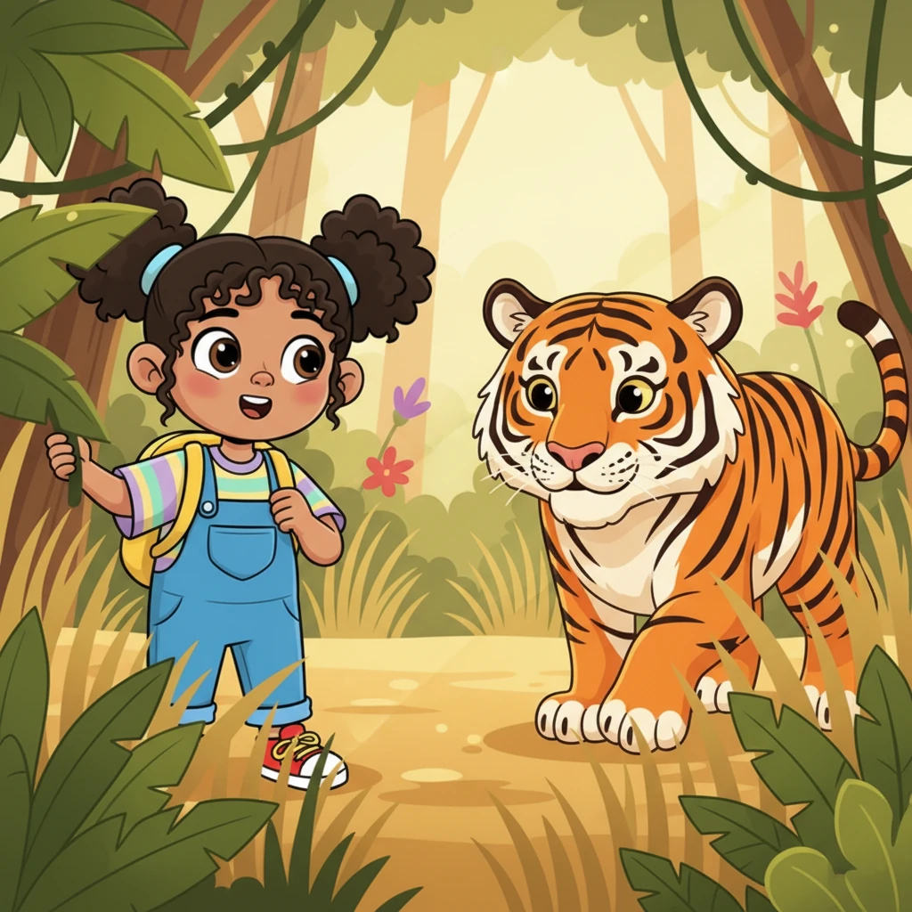 Rustle! Maya peeks through dense jungle foliage in Asia, where the air is warm and humid. A powerful tiger, with striking orange and black stripes, gracefully stalks through the tall grass. Tigers are carnivores, meaning they eat meat, and their stripes help them blend perfectly into the shadows of the forest.